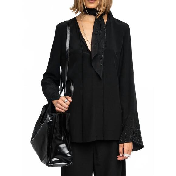 NEW ZADIG & VOLTAIRE turi rhinestone embellished blouse in black
